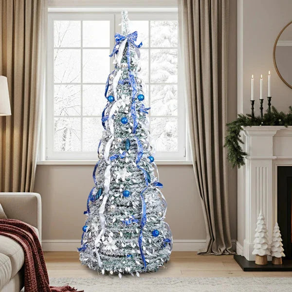 Árvore de natal dobrável dobrável, fácil instalação, puxar para cima com decorações, luzes quentes, instalada rapidamente