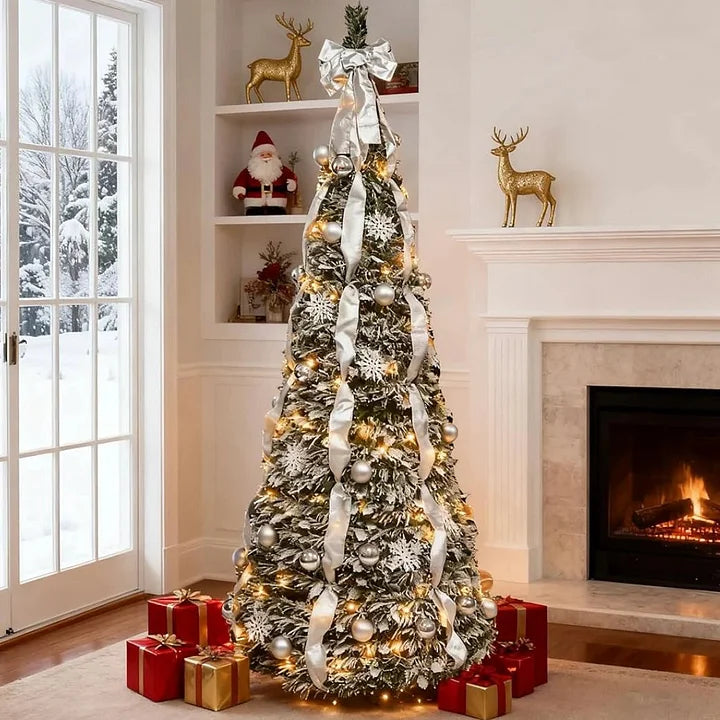 Árvore de natal dobrável dobrável, fácil instalação, puxar para cima com decorações, luzes quentes, instalada rapidamente
