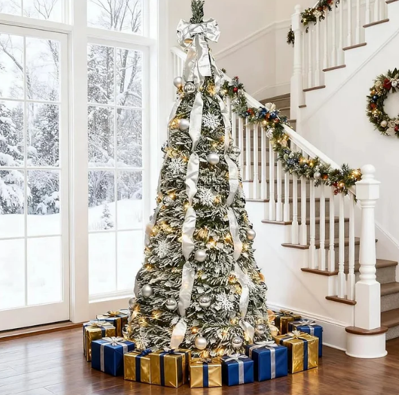 Árvore de natal dobrável dobrável, fácil instalação, puxar para cima com decorações, luzes quentes, instalada rapidamente