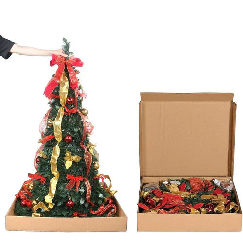 Árvore de natal dobrável dobrável, fácil instalação, puxar para cima com decorações, luzes quentes, instalada rapidamente