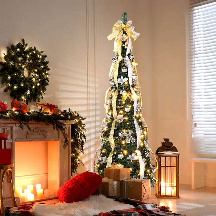 Árvore de natal dobrável dobrável, fácil instalação, puxar para cima com decorações, luzes quentes, instalada rapidamente
