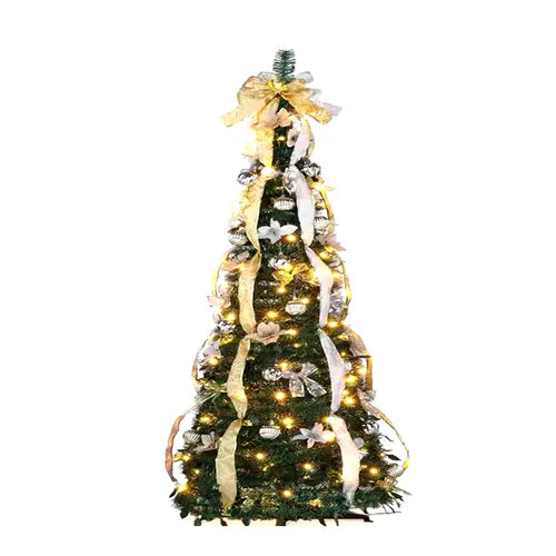 Árvore de natal dobrável dobrável, fácil instalação, puxar para cima com decorações, luzes quentes, instalada rapidamente