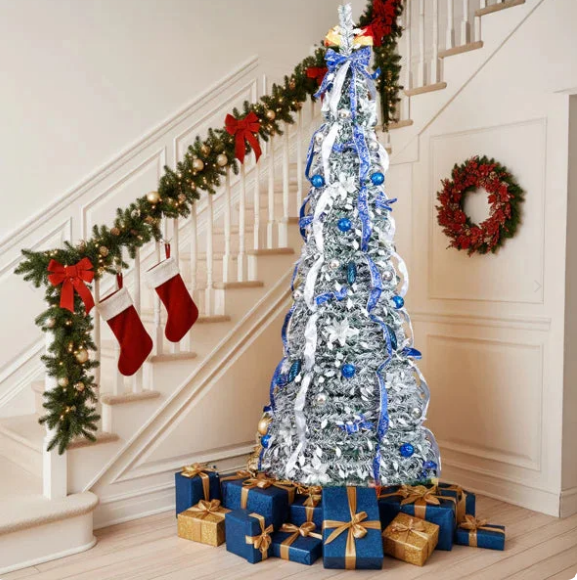 Árvore de natal dobrável dobrável, fácil instalação, puxar para cima com decorações, luzes quentes, instalada rapidamente