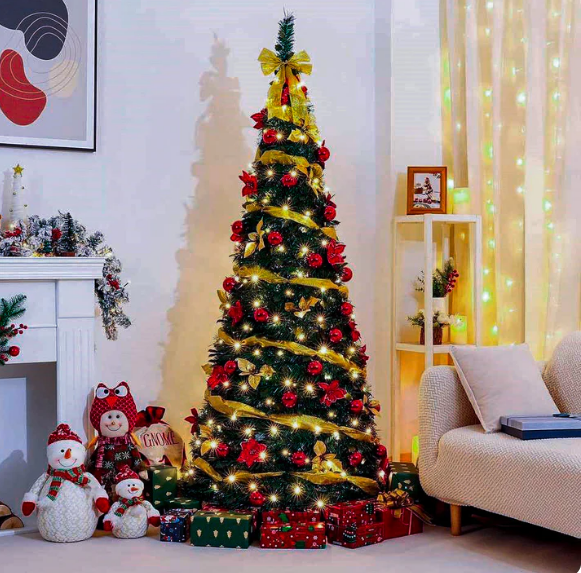 Árvore de natal dobrável dobrável, fácil instalação, puxar para cima com decorações, luzes quentes, instalada rapidamente